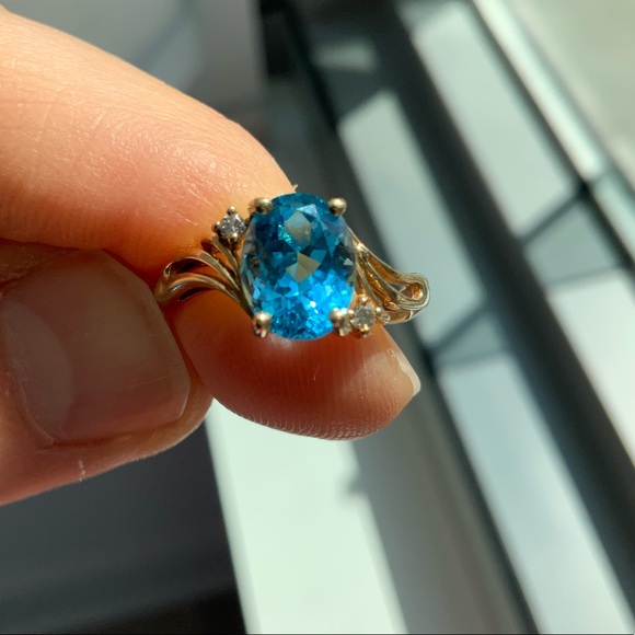 2.25 ct oval 💎 blue topaz w diamonds gold ring - Picture 2 of 15